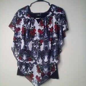 Time Line Blouse Shirt Women XL Sleeveless Open Sides Lined Floral Black Red